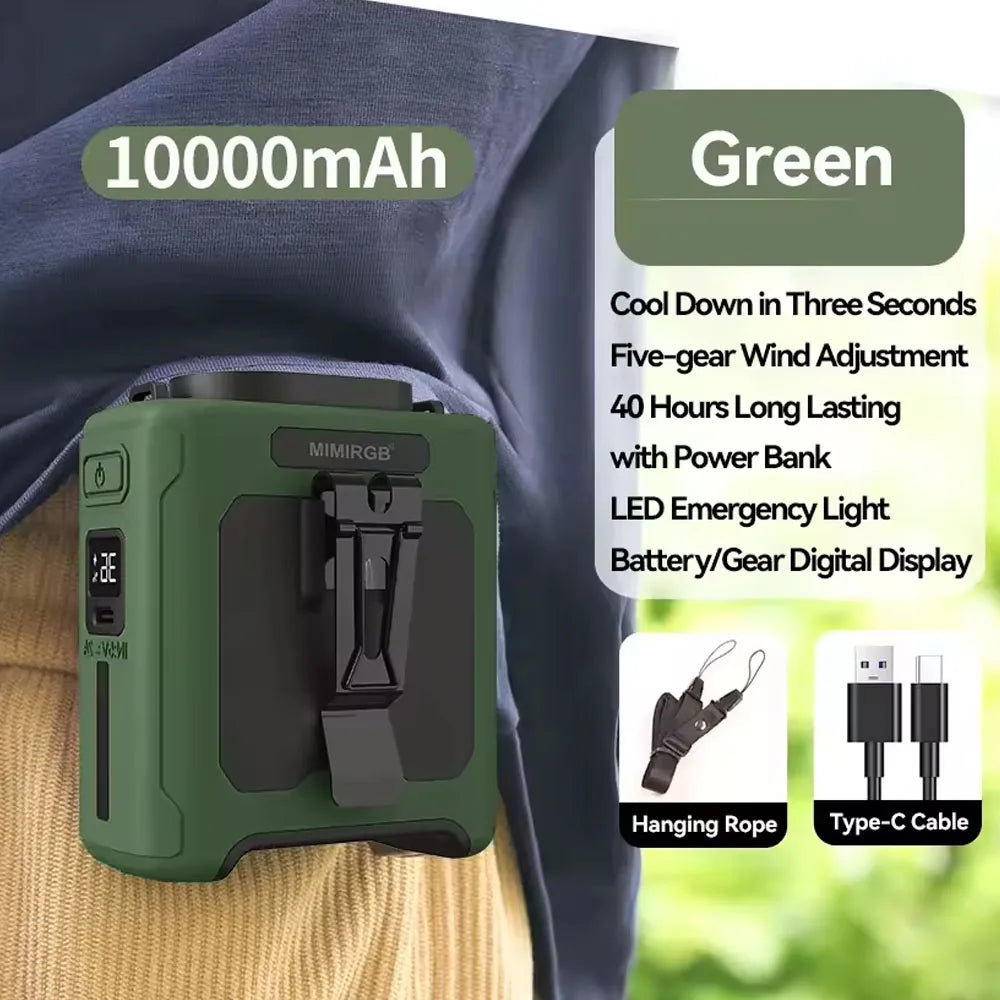 10000Mah Waist Fan with Power Bank 5 Speeds Portable Fan Hands Free Rechargeable Fan Battery Level Display USB Charging Fan