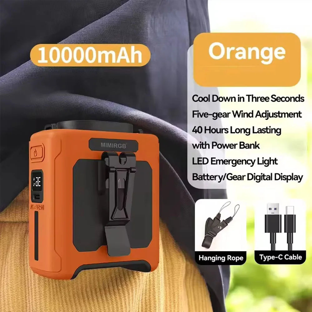 10000Mah Waist Fan with Power Bank 5 Speeds Portable Fan Hands Free Rechargeable Fan Battery Level Display USB Charging Fan